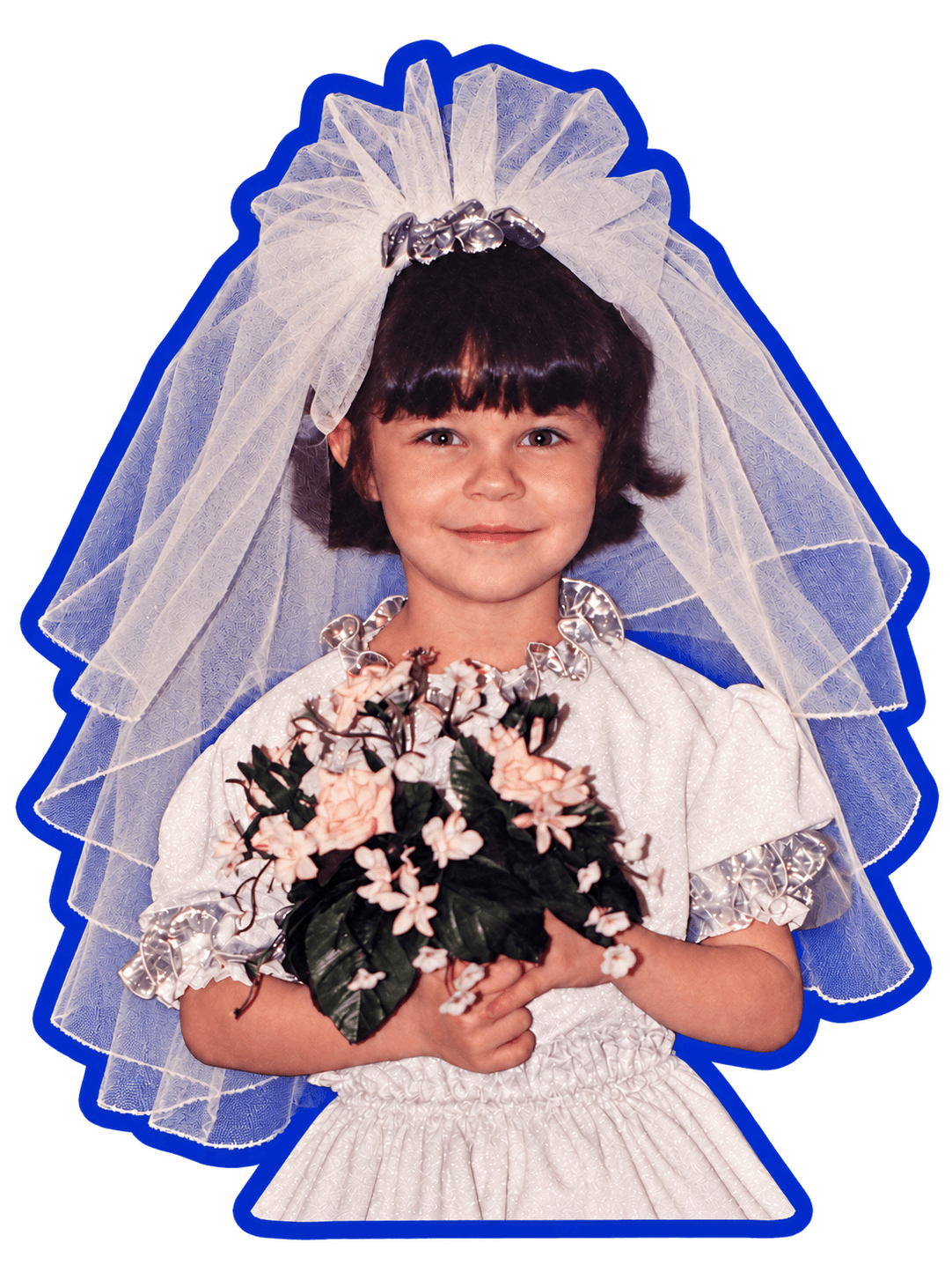 Ramina as a child in a veil and wedding dress, holding a bouquet